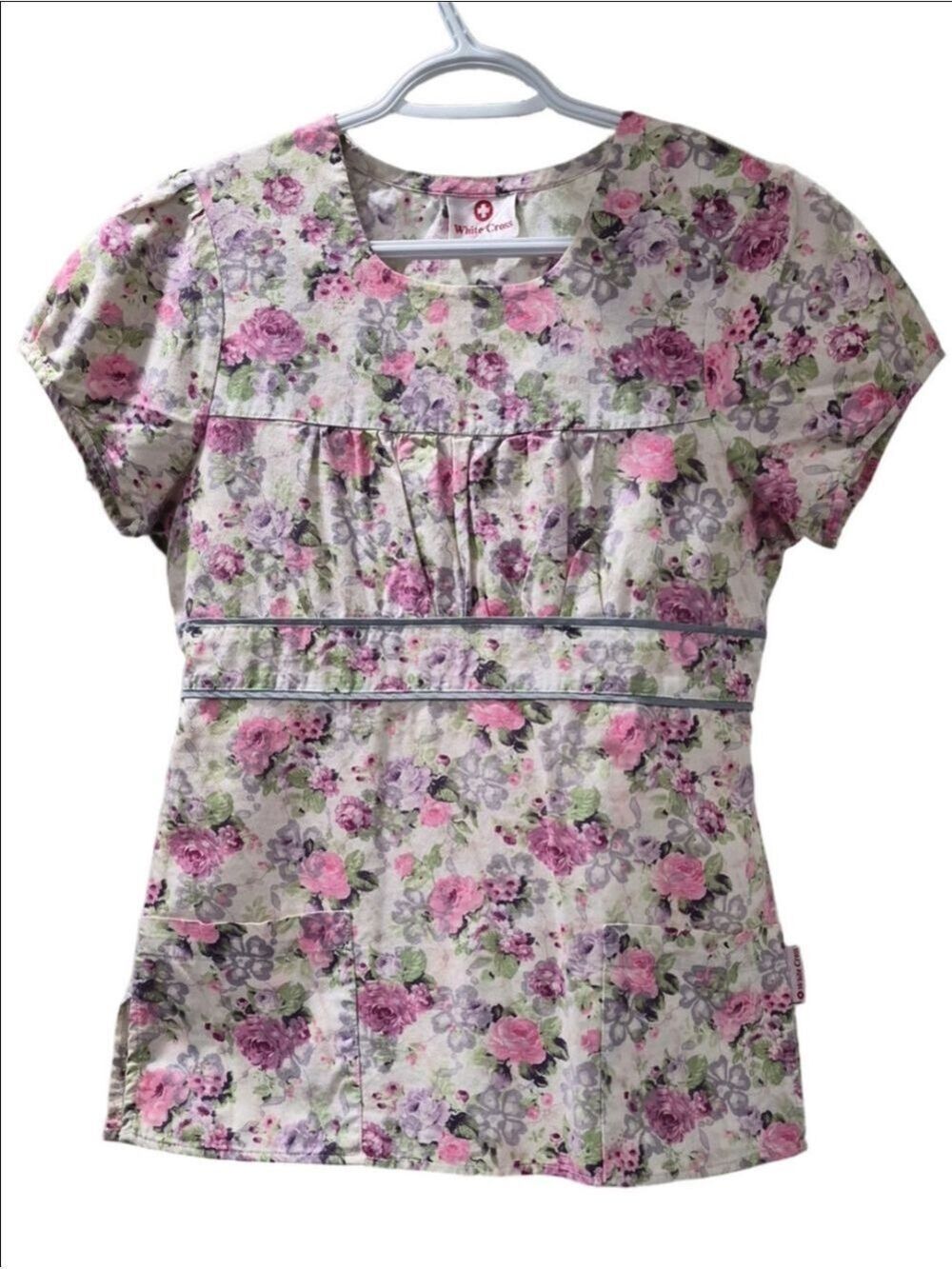 White Cross Floral Print Scrub Top in Pink Purple And Green